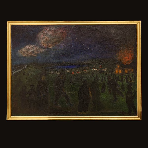 Jens Søndergaard, 1895-1957, olie på lærred: Brændende Hus
Signeret, betitlet og dateret 1931 på bagsiden
Lysmål: 96x122cm. Med ramme: 102x128cm.
Udstillet: "Nordiska Konstförbundet". Stockholm & Oslo, 1964. Kat. nr. 24. 
"Jens Søndergaard"