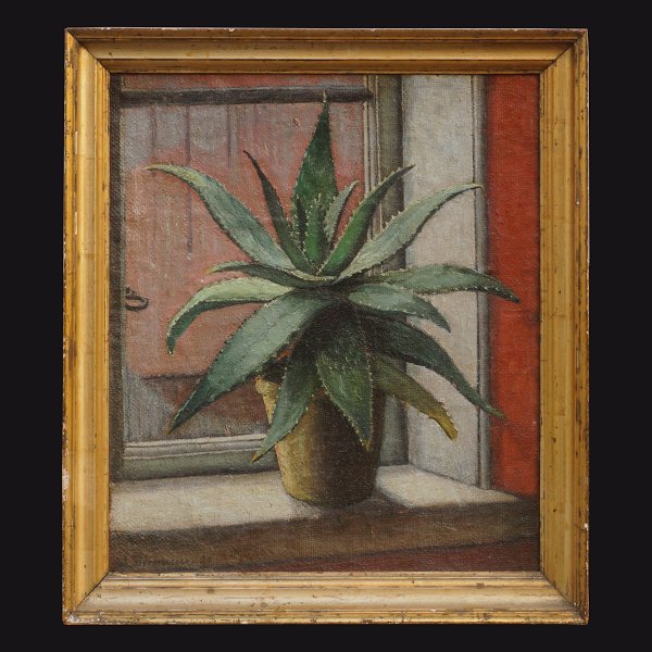 Lauritz Jørgensen, 1888-1953, olie på plade: Stilleben med kaktus. Signeret og 
dateret 1920. Udstillet 1920. Lysmål: 47x42cm. Med ramme: 55x50cm