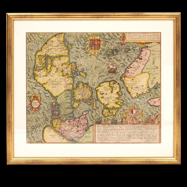 Marcus Jordans Danmarkskort udarbejdet på foranledning af Hertugdømmernes 
statholder Grev Heinrich Rantzau 1588. Mål med ramme: 52x59cm