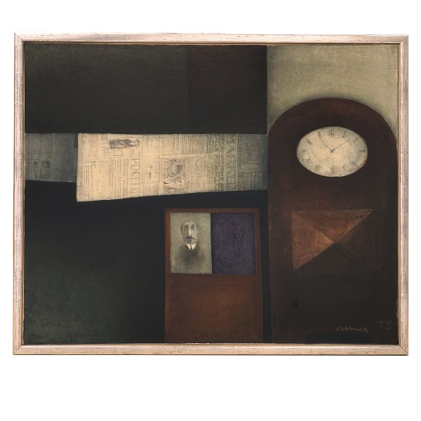 Albert Bertelsen, 1921-2019, oil on canvas. "Stillife with Clock". Signed and dated 1973. Visible size: 81x100cm. With frame: 87x106cm