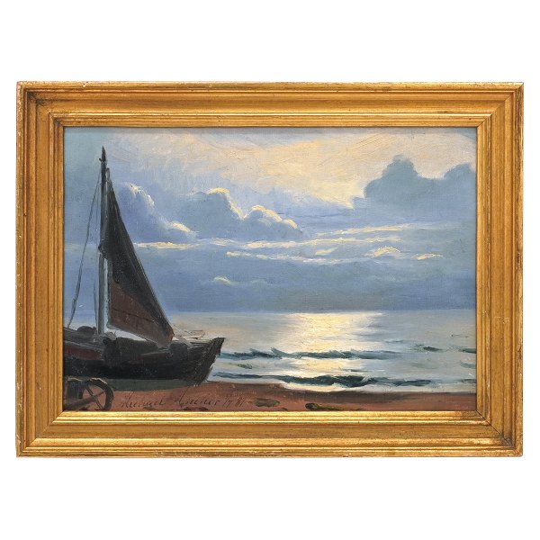 Michael Ancher Skagen. Michael Ancher, 1849-1927, olie på plade. Motiv fra 
Skagen strand. Signeret og dateret "Michael Ancher 5/7 81". Lysmål: 22x33cm. Med 
ramme: 29x40cm